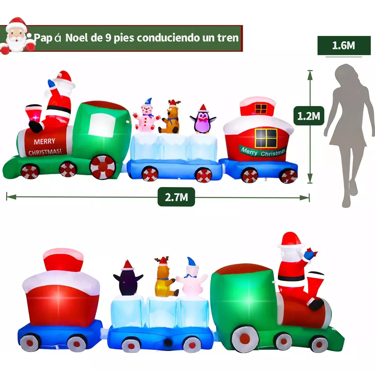 Tren navideño inflable de Papá Noel para decoración de exteriores, luz LED de 2,7 m