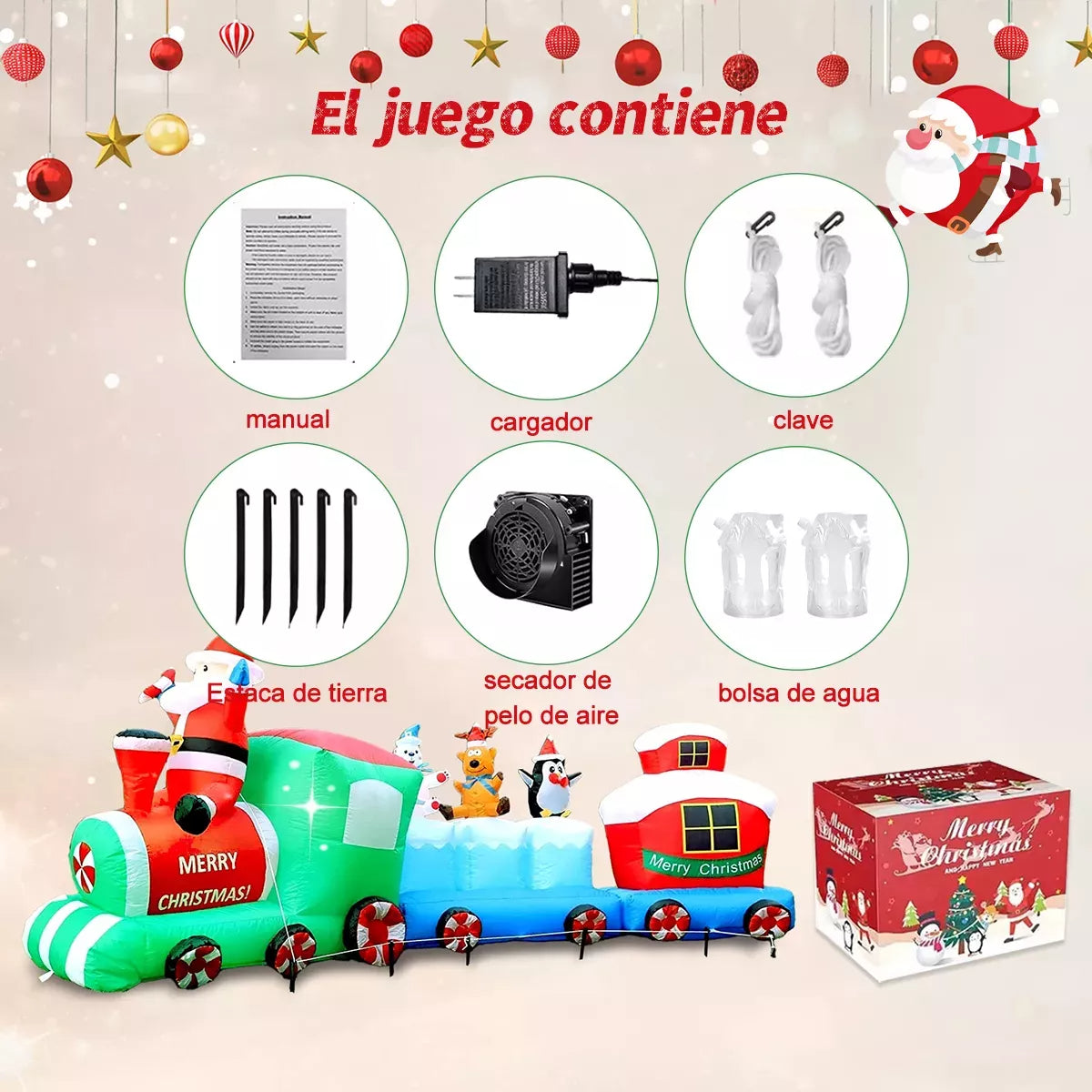 Tren navideño inflable de Papá Noel para decoración de exteriores, luz LED de 2,7 m