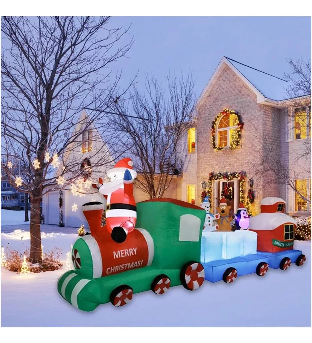 Tren navideño inflable de Papá Noel para decoración de exteriores, luz LED de 2,7 m