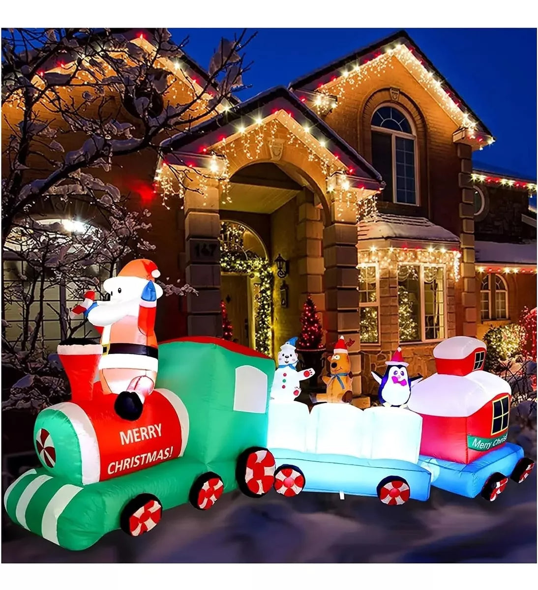 Tren navideño inflable de Papá Noel para decoración de exteriores, luz LED de 2,7 m