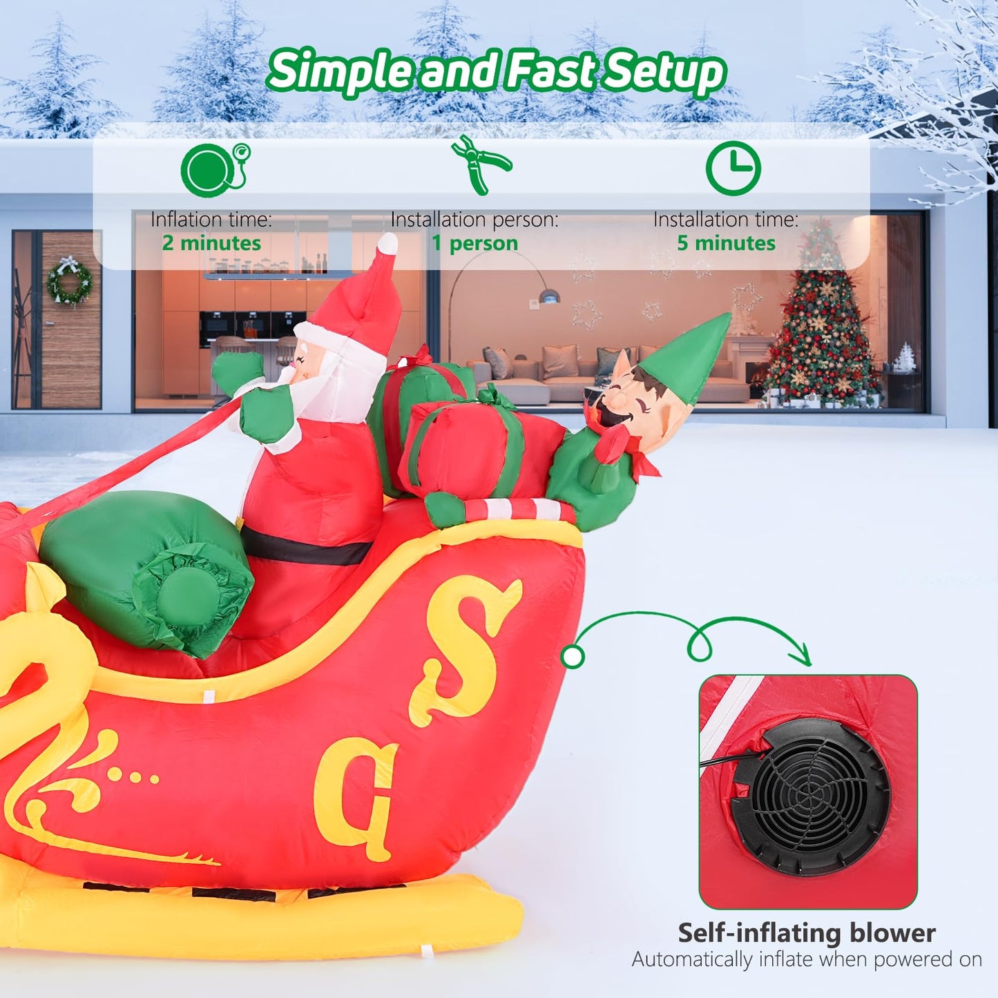 Christmas Inflatable Santa Claus on Sleigh with 3 Reindeer & Christmas Tree