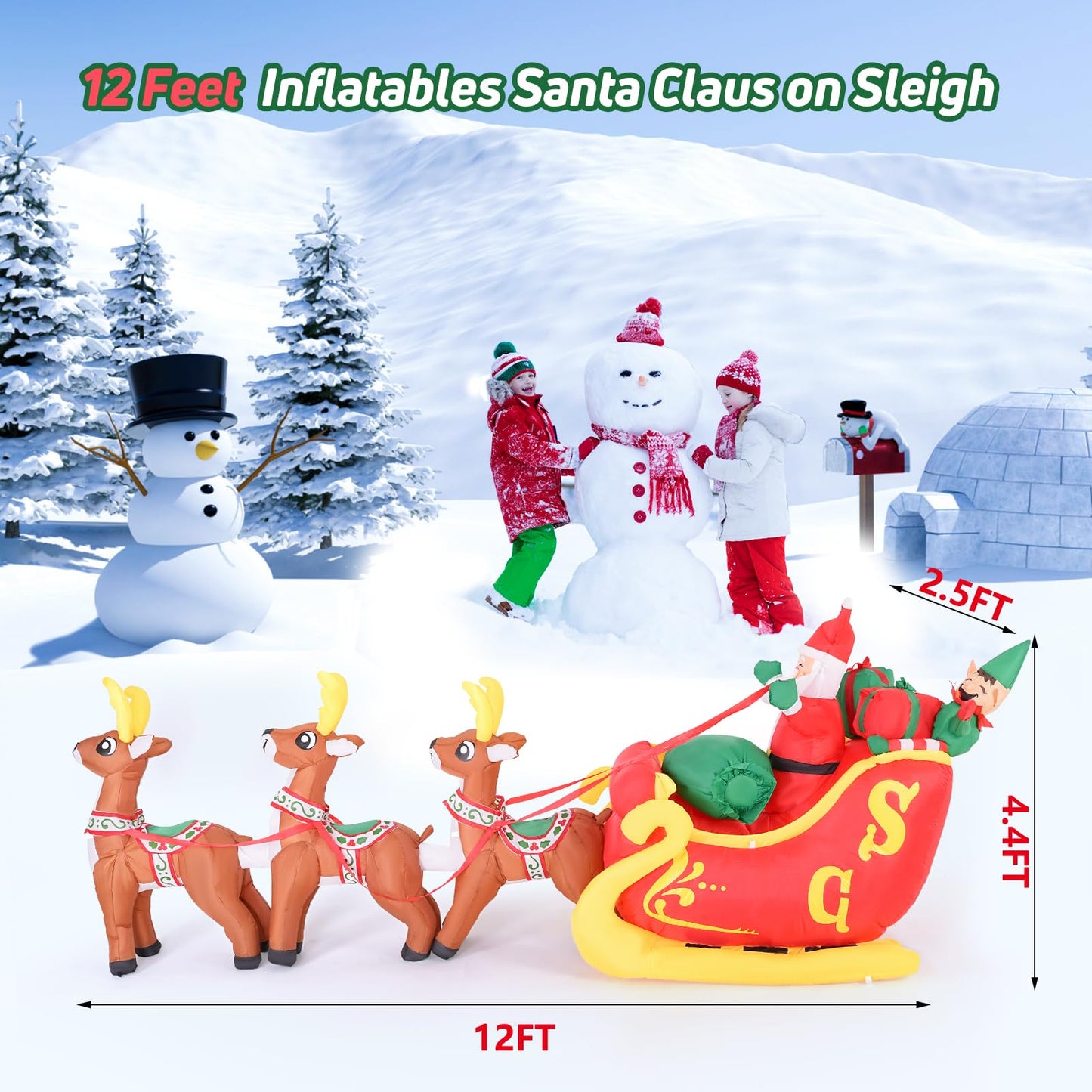 Christmas Inflatable Santa Claus on Sleigh with 3 Reindeer & Christmas Tree