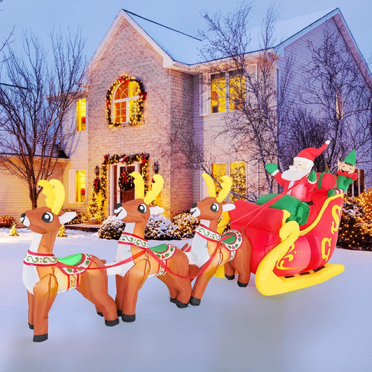 Christmas Inflatable Santa Claus on Sleigh with 3 Reindeer & Christmas Tree