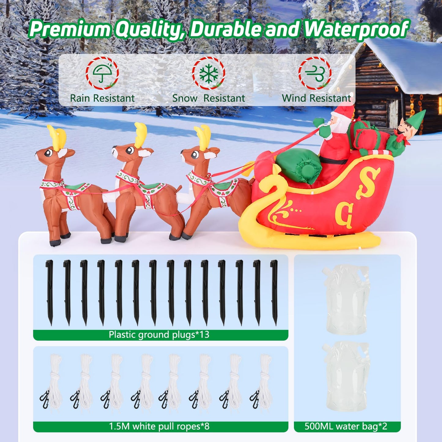 Christmas Inflatable Santa Claus on Sleigh with 3 Reindeer & Christmas Tree